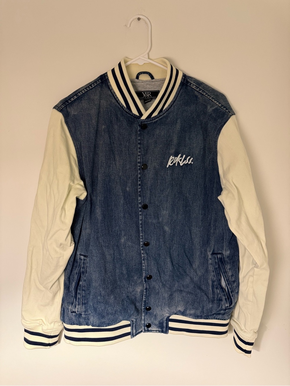 Young & Reckless Denim Blue and Cream Varsity Jacket